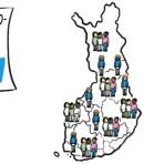 Piirroskuva Suomen kartasta, jossa ihmisiä eri alueilla. Vieressä lappu, jossa lukee "omaishoitosopimus".